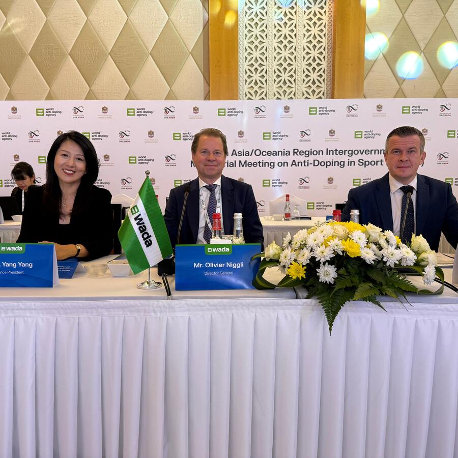 WADA leaders Witold Banka, Yang Yang, and Olivier Niggli at the 20th Annual Asia and Oceania Intergovernmental Ministerial Meeting on Anti-Doping in Sport